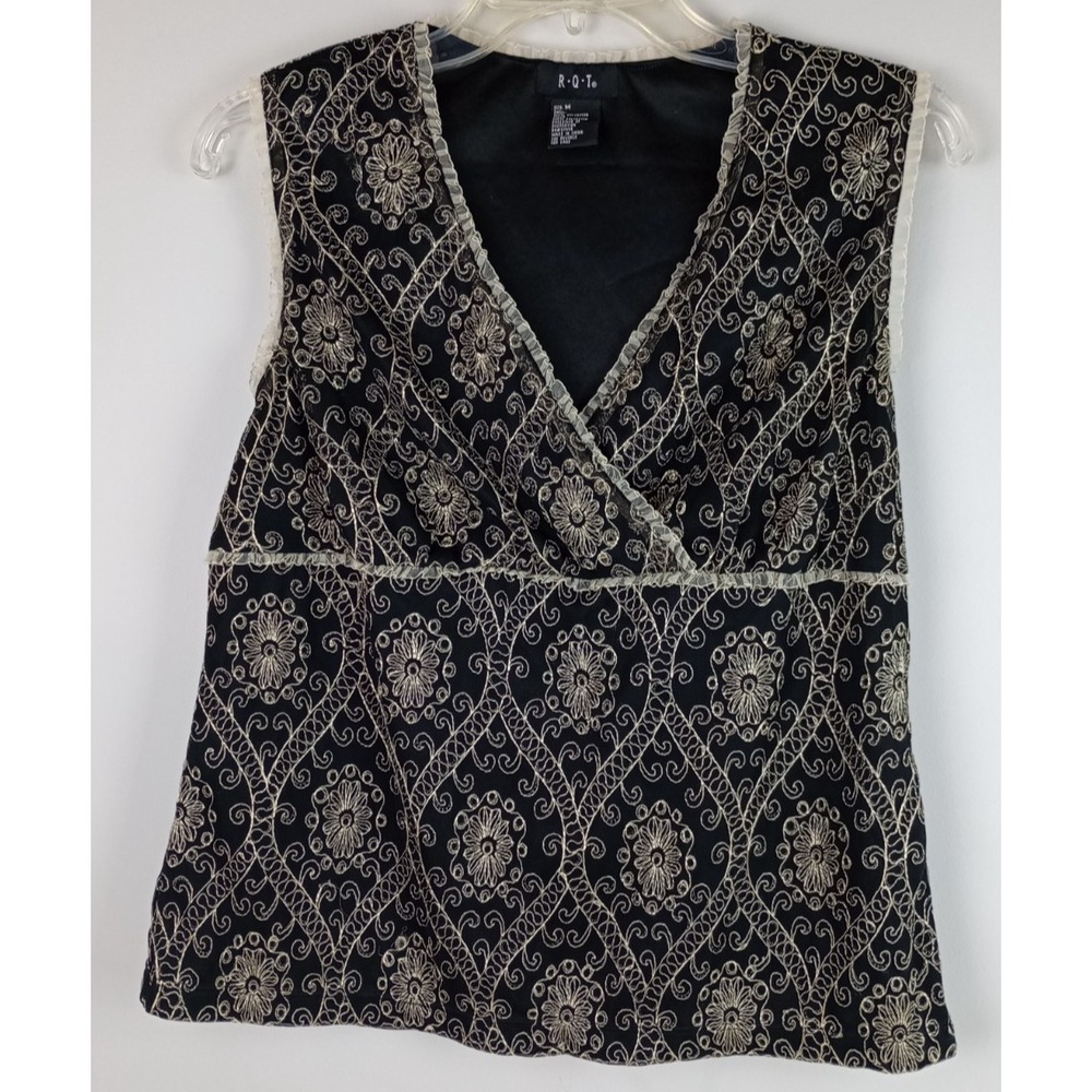 RQT Womens M Black Cream Embroidered Floral Mesh Ruffled Edges Sleeveless Blouse